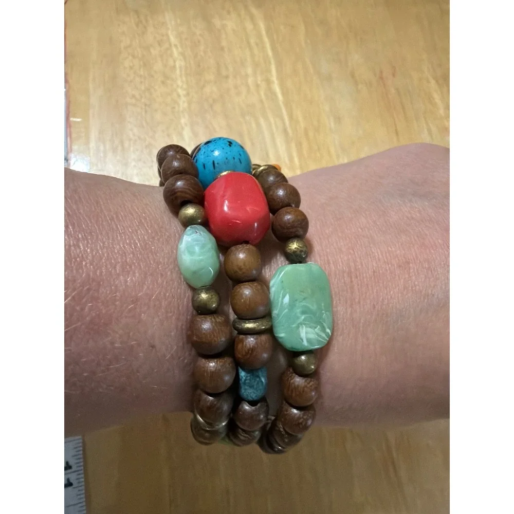 Boho Multi Strand Wood‎ and Colorful Chunky Bead Wrap Bracelet Layering
